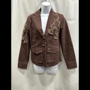 Aziz Denim Blazer, Jacket Womens Medium Brown Embroidered Pockets Embellished